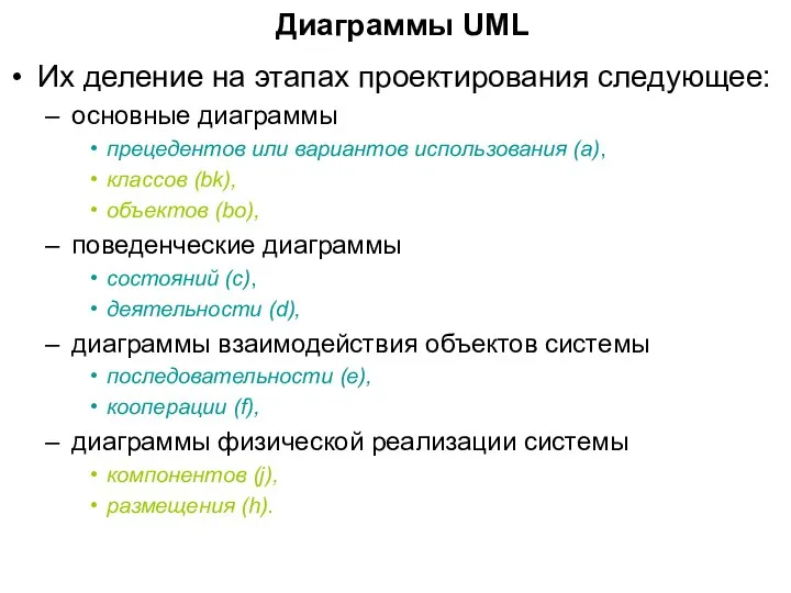 Диаграммы UML Их деление на этапах проектирования следующее: основные диаграммы прецедентов