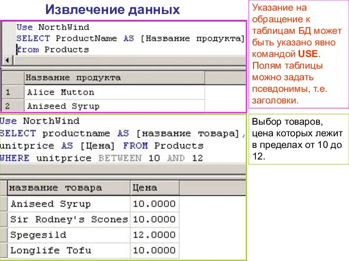 Извлечение данных Указание на обращение к таблицам БД может быть указано