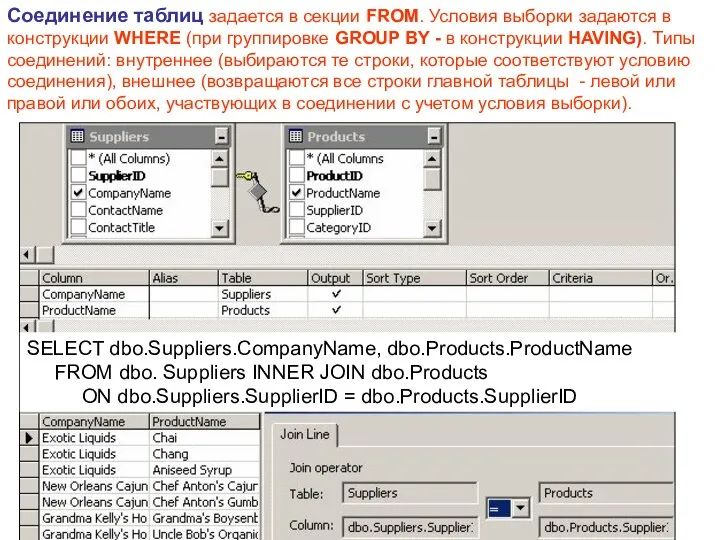 Соединение таблиц задается в секции FROM. Условия выборки задаются в конструкции