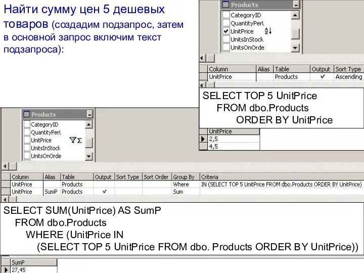 Найти сумму цен 5 дешевых товаров (создадим подзапрос, затем в основной