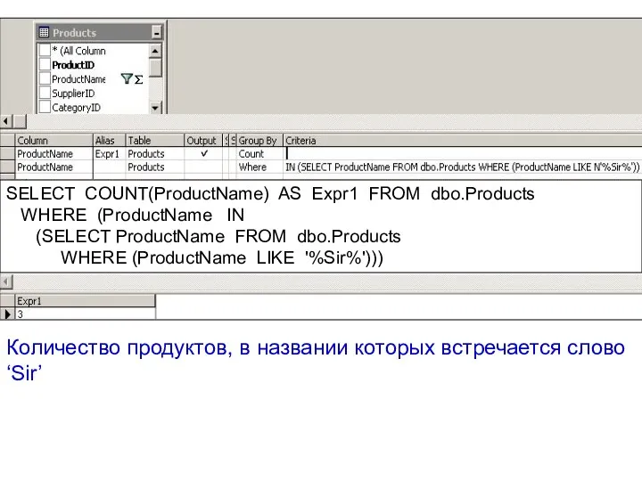 Количество продуктов, в названии которых встречается слово ‘Sir’ SELECT COUNT(ProductName) AS