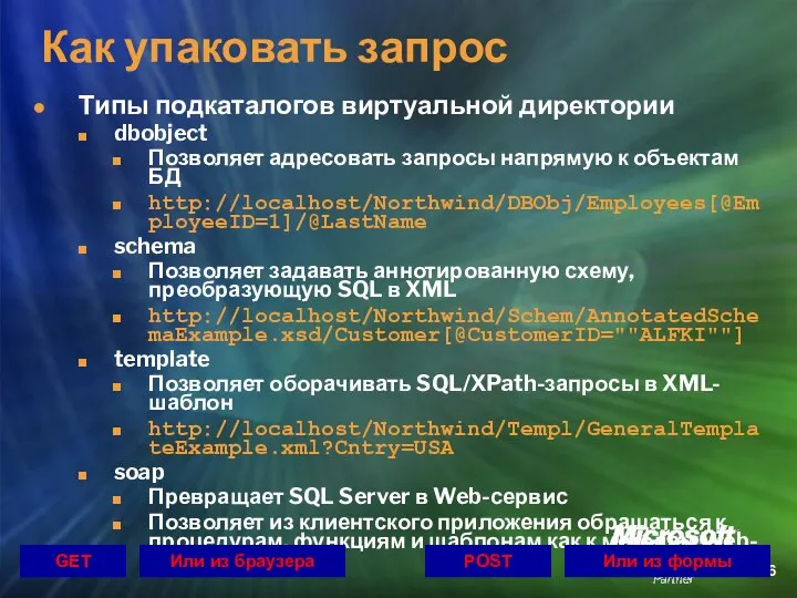 Как упаковать запрос Типы подкаталогов виртуальной директории dbobject Позволяет адресовать запросы