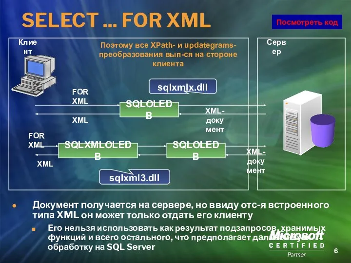Клиент Сервер SQLOLEDB FOR XML sqlxmlx.dll XML-документ XML Поэтому все XPath-
