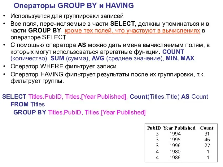 Операторы GROUP BY и HAVING Используется для группировки записей Все поля,