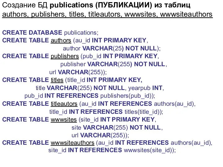 Создание БД publications (ПУБЛИКАЦИИ) из таблиц authors, publishers, titles, titleautors, wwwsites,