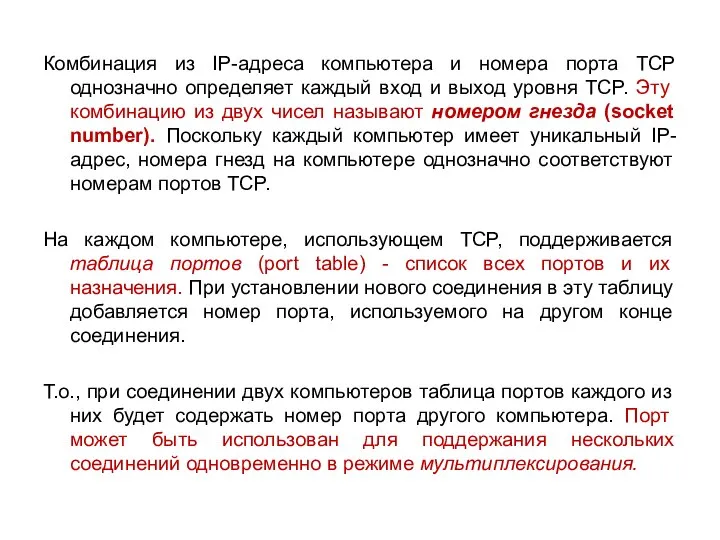 Комбинация из IP-адреса компьютера и номера порта TCP однозначно определяет каждый