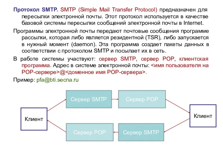 Протокол SMTP. SMTP (Simple Mail Transfer Protocol) предназначен для пересылки электронной