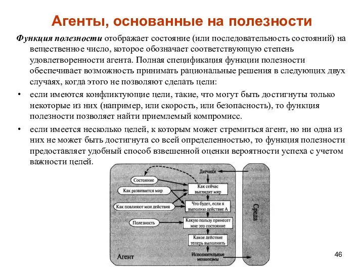 Агенты, основанные на полезности Функция полезности отображает состояние (или последовательность состояний)