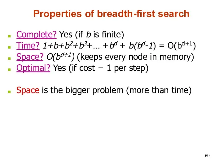 Properties of breadth-first search Complete? Yes (if b is finite) Time?