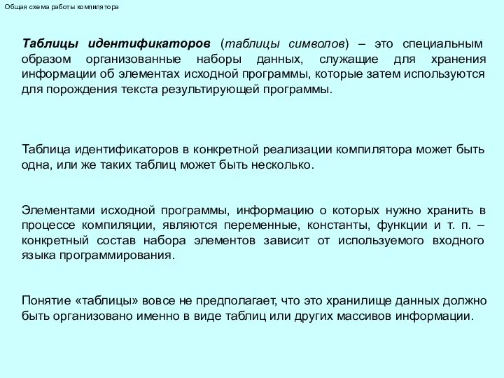 Общая схема работы компилятора Таблицы идентификаторов (таблицы символов) – это специальным