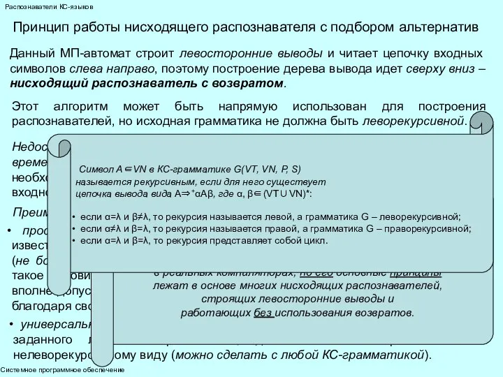 Системное программное обеспечение Распознаватели КС-языков Принцип работы нисходящего распознавателя с подбором