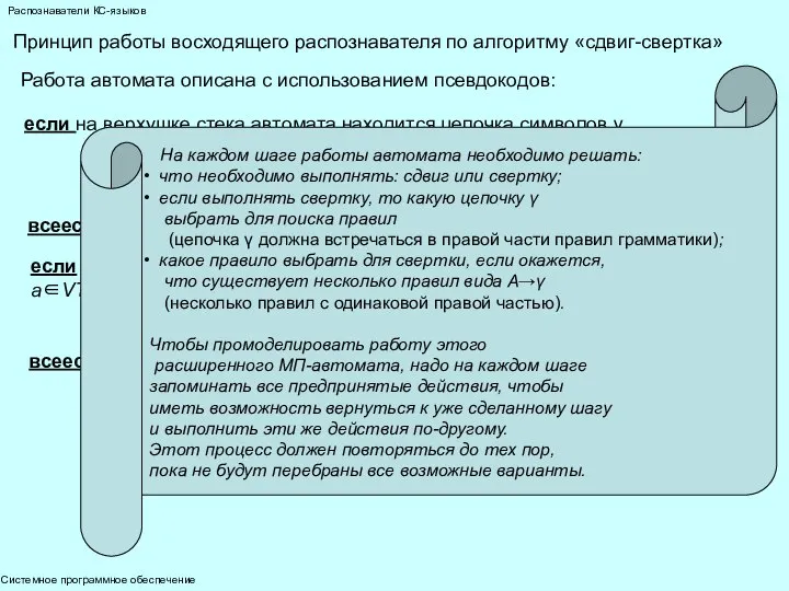 Системное программное обеспечение Распознаватели КС-языков Принцип работы восходящего распознавателя по алгоритму