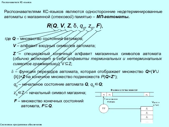 Системное программное обеспечение Распознаватели КС-языков Распознавателями КС-языков являются односторонние недетерминированные автоматы