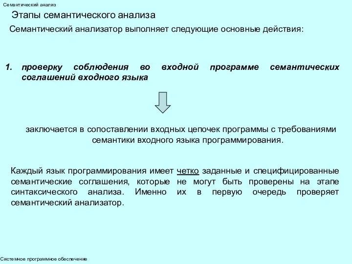 Системное программное обеспечение Семантический анализ Этапы семантического анализа Семантический анализатор выполняет