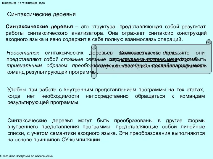 Системное программное обеспечение Генерация и оптимизация кода Синтаксические деревья Синтаксические деревья