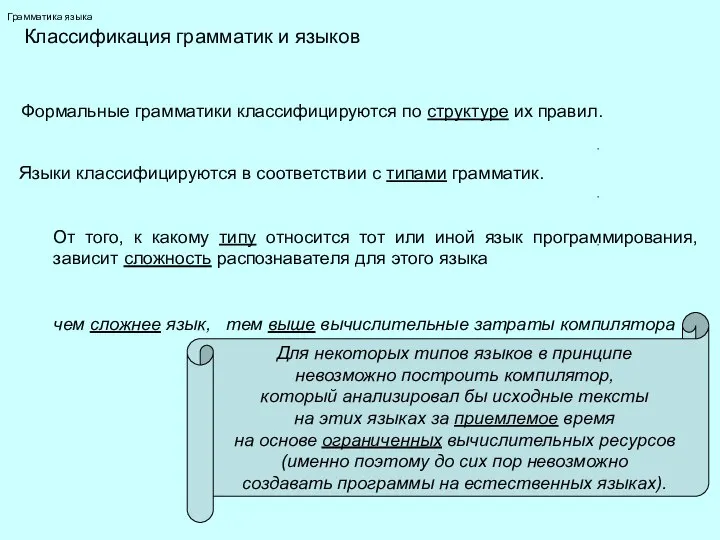 Грамматика языка Классификация грамматик и языков Формальные грамматики классифицируются по структуре