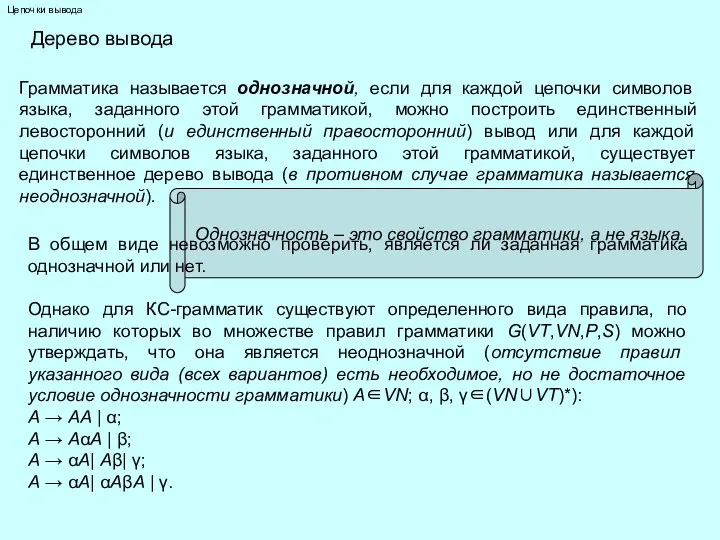 Цепочки вывода Дерево вывода Грамматика называется однозначной, если для каждой цепочки