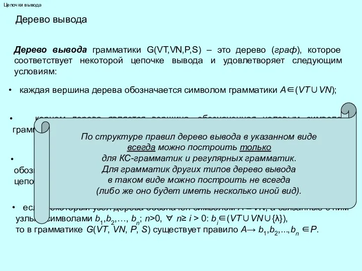 Цепочки вывода Дерево вывода Дерево вывода грамматики G(VT,VN,P,S) – это дерево