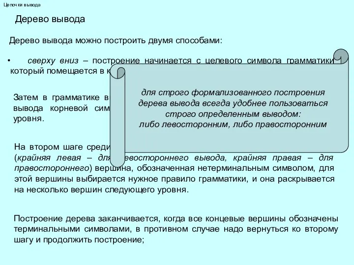 Цепочки вывода Дерево вывода Дерево вывода можно построить двумя способами: сверху