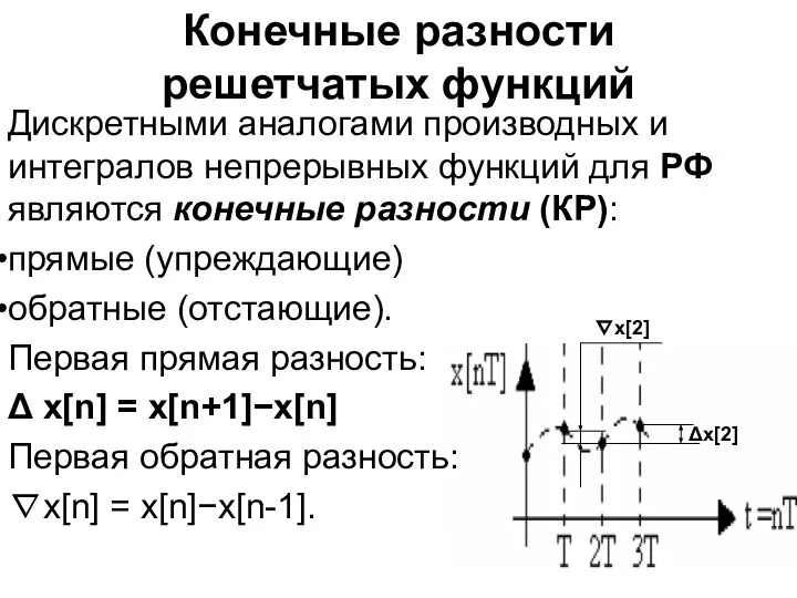 Конечные разности решетчатых функций Дискретными аналогами производных и интегралов непрерывных функций