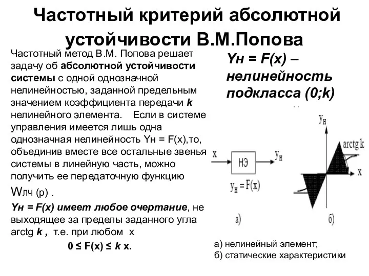 Частотный критерий абсолютной устойчивости В.М.Попова Частотный метод В.М. Попова решает задачу