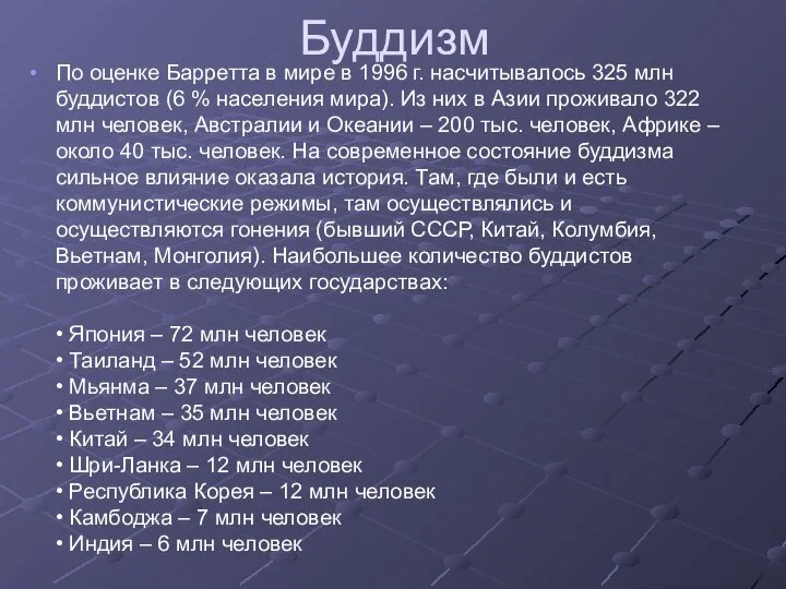 Буддизм По оценке Барретта в мире в 1996 г. насчитывалось 325