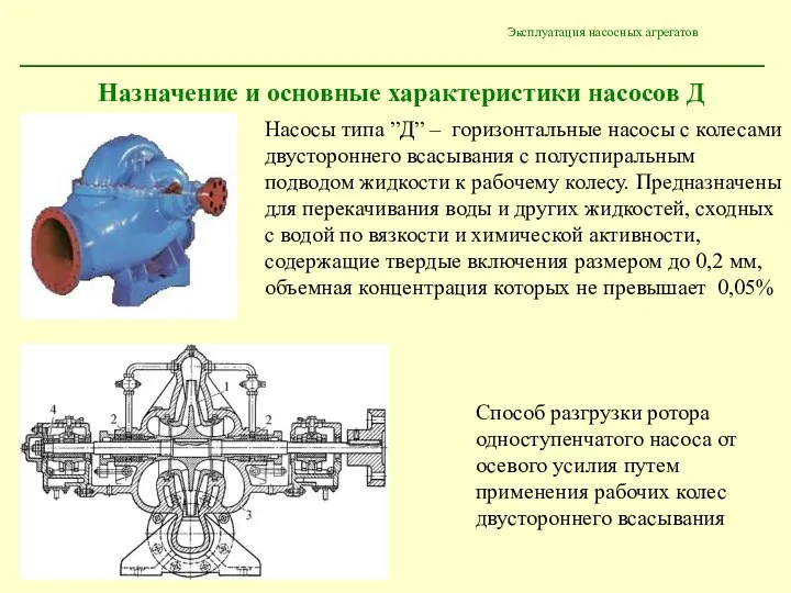 Эксплуатация насосных агрегатов Насосы типа ”Д” – горизонтальные насосы с колесами