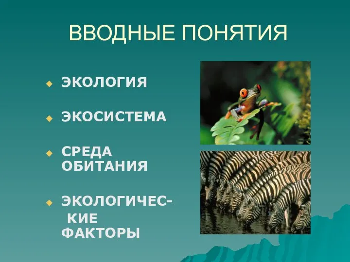 ВВОДНЫЕ ПОНЯТИЯ ЭКОЛОГИЯ ЭКОСИСТЕМА СРЕДА ОБИТАНИЯ ЭКОЛОГИЧЕС- КИЕ ФАКТОРЫ