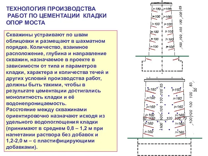 ТЕХНОЛОГИЯ ПРОИЗВОДСТВА РАБОТ ПО ЦЕМЕНТАЦИИ КЛАДКИ ОПОР МОСТА Скважины устраивают по