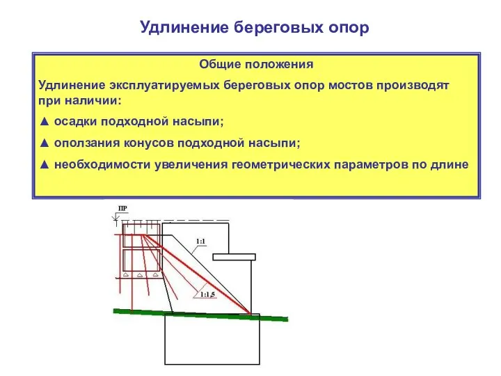 Удлинение береговых опор Общие положения Удлинение эксплуатируемых береговых опор мостов производят