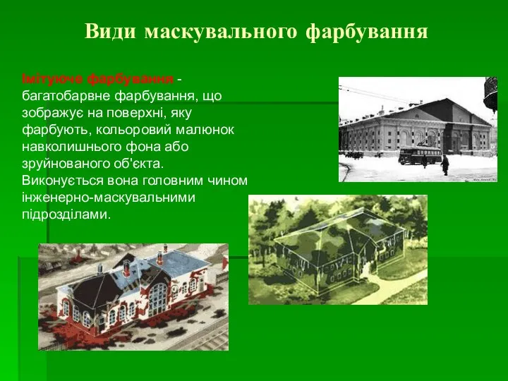 Види маскувального фарбування Імітуюче фарбування - багатобарвне фарбування, що зображує на