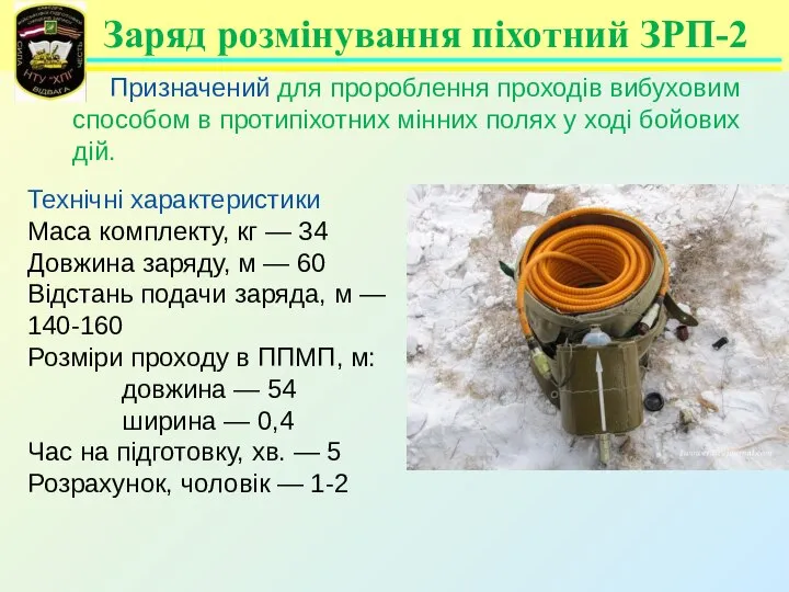 Заряд розмінування піхотний ЗРП-2 Призначений для пророблення проходів вибуховим способом в