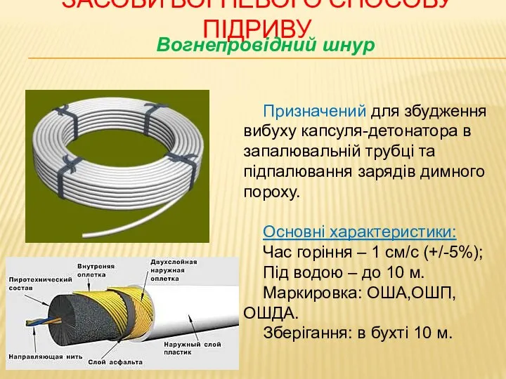 ЗАСОБИ ВОГНЕВОГО СПОСОБУ ПІДРИВУ Призначений для збудження вибуху капсуля-детонатора в запалювальній