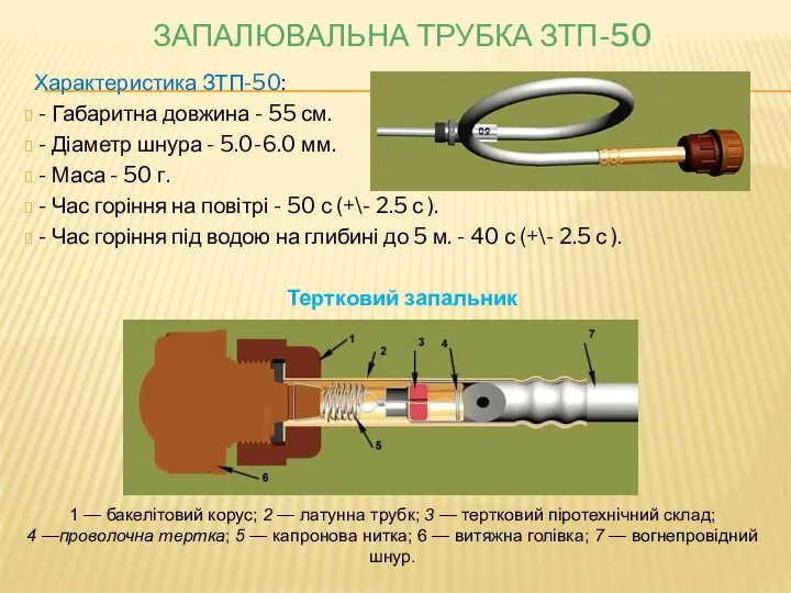 ЗАПАЛЮВАЛЬНА ТРУБКА ЗТП-50 Характеристика ЗТП-50: - Габаритна довжина - 55 см.