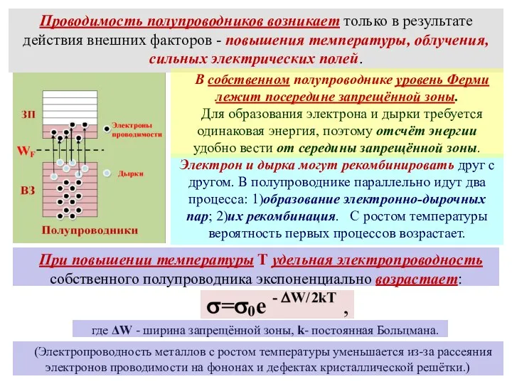 Электрон и дырка могут рекомбинировать друг с другом. В полупроводнике параллельно