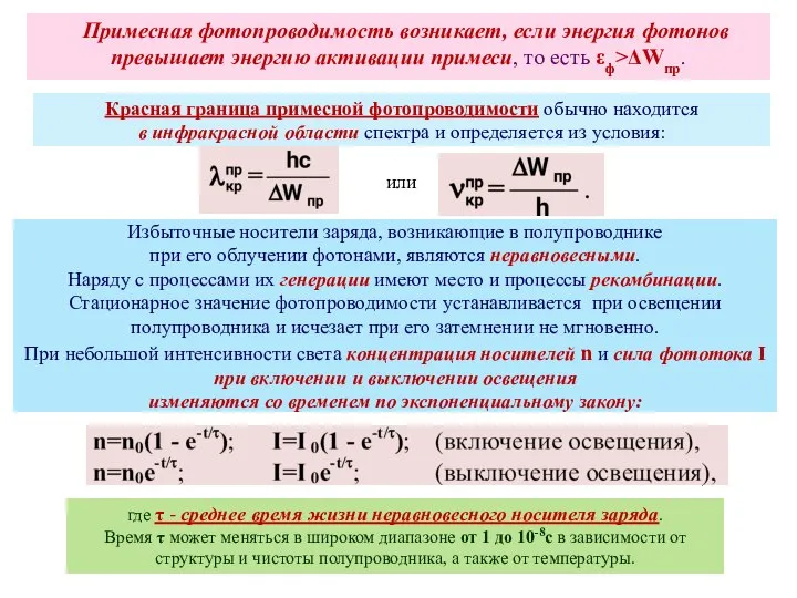 Примесная фотопроводимость возникает, если энергия фотонов превышает энергию активации примеси, то