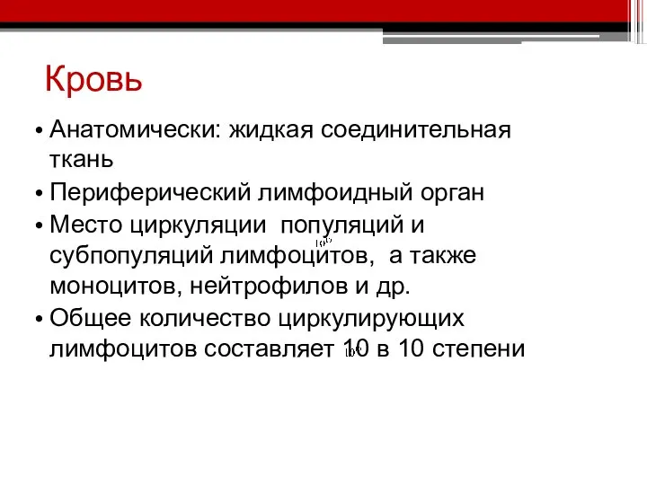 Кровь Анатомически: жидкая соединительная ткань Периферический лимфоидный орган Место циркуляции популяций