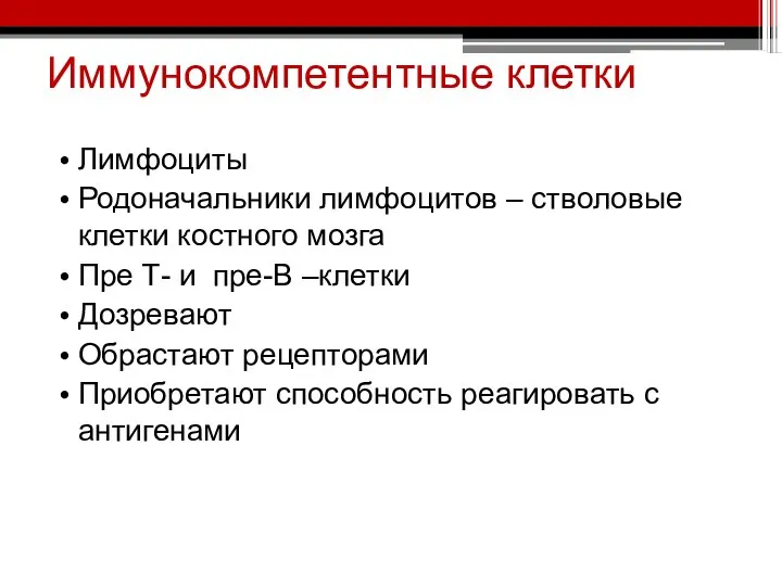 Иммунокомпетентные клетки Лимфоциты Родоначальники лимфоцитов – стволовые клетки костного мозга Пре