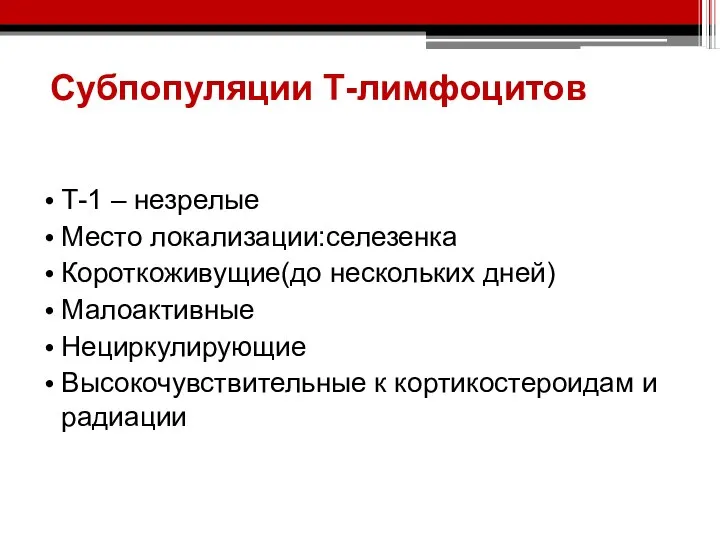 Субпопуляции Т-лимфоцитов Т-1 – незрелые Место локализации:селезенка Короткоживущие(до нескольких дней) Малоактивные