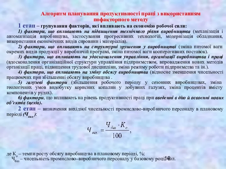 Алгоритм планування продуктивності праці з використанням пофакторного методу 1 етап –