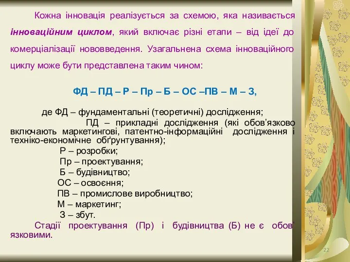 Кожна інновація реалізується за схемою, яка називається інноваційним циклом, який включає