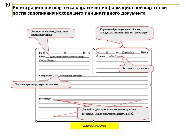 Регистрационная карточка справочно-информационной картотеки после заполнения исходящего инициативного документа