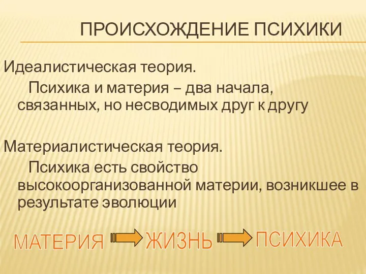 ПРОИСХОЖДЕНИЕ ПСИХИКИ Идеалистическая теория. Психика и материя – два начала, связанных,