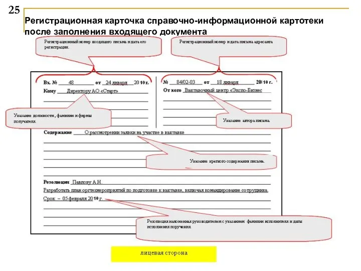 Регистрационная карточка справочно-информационной картотеки после заполнения входящего документа