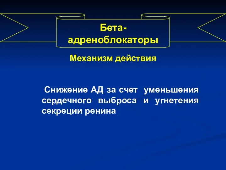 Бета-адреноблокаторы Механизм действия Снижение АД за счет уменьшения сердечного выброса и угнетения секреции ренина