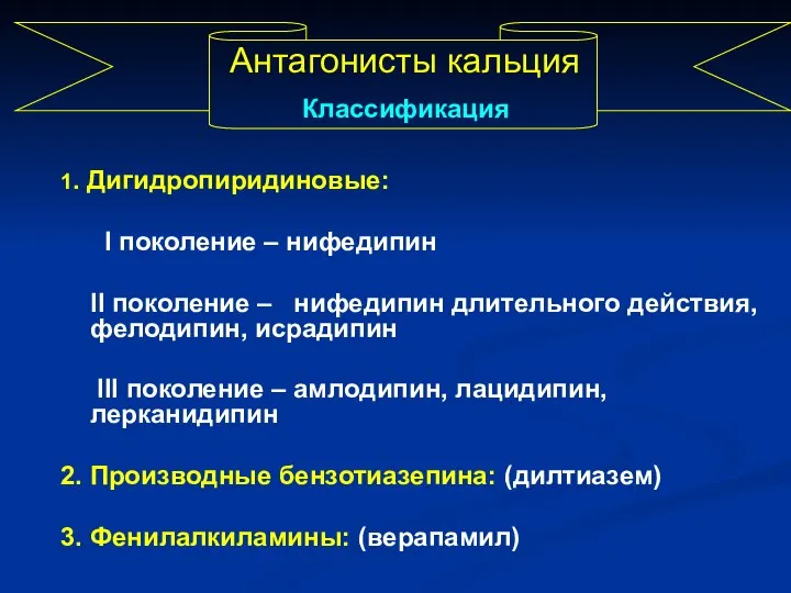 1. Дигидропиридиновые: І поколение – нифедипин ІІ поколение – нифедипин длительного