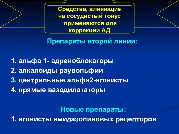 Препараты второй линии: 1. альфа 1- адреноблокаторы 2. алкалоиды раувольфии 3.