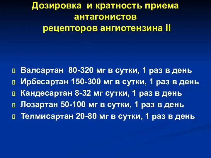 Дозировка и кратность приема антагонистов рецепторов ангиотензина ІІ Валсартан 80-320 мг