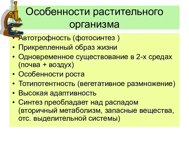 Особенности растительного организма Автотрофность (фотосинтез ) Прикрепленный образ жизни Одновременное существование