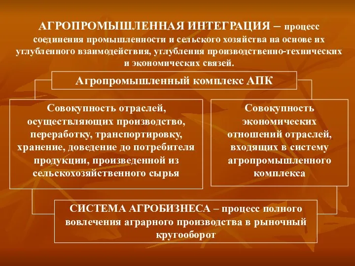 АГРОПРОМЫШЛЕННАЯ ИНТЕГРАЦИЯ – процесс соединения промышленности и сельского хозяйства на основе